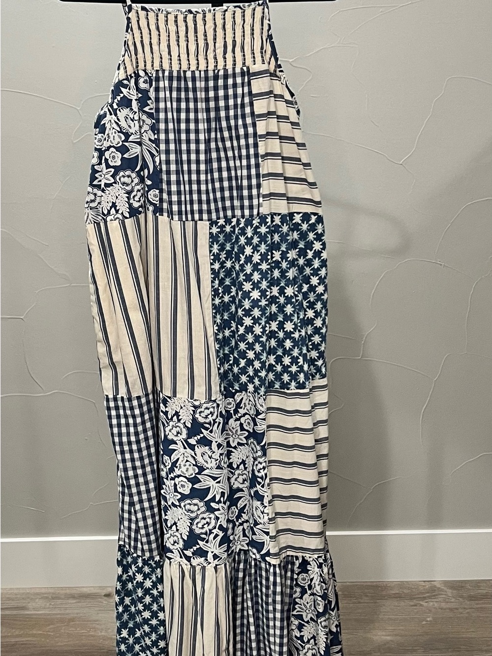 Blue & Ivory Patchwork Maxi Dress Pockets